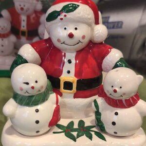 BNIB Hand Painted Earthenware Santa and Snowmen Napkin Holder and S&P Set*